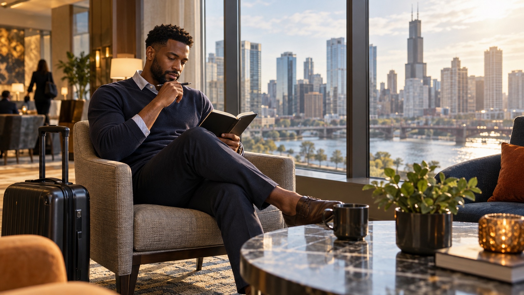 Illustrative image of a business traveler reviewing notes before a meeting