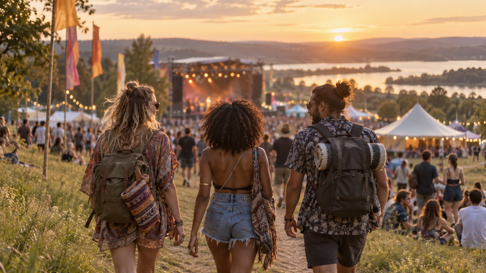 Illustrative image of friends arriving at an outdoor music festival at sunset