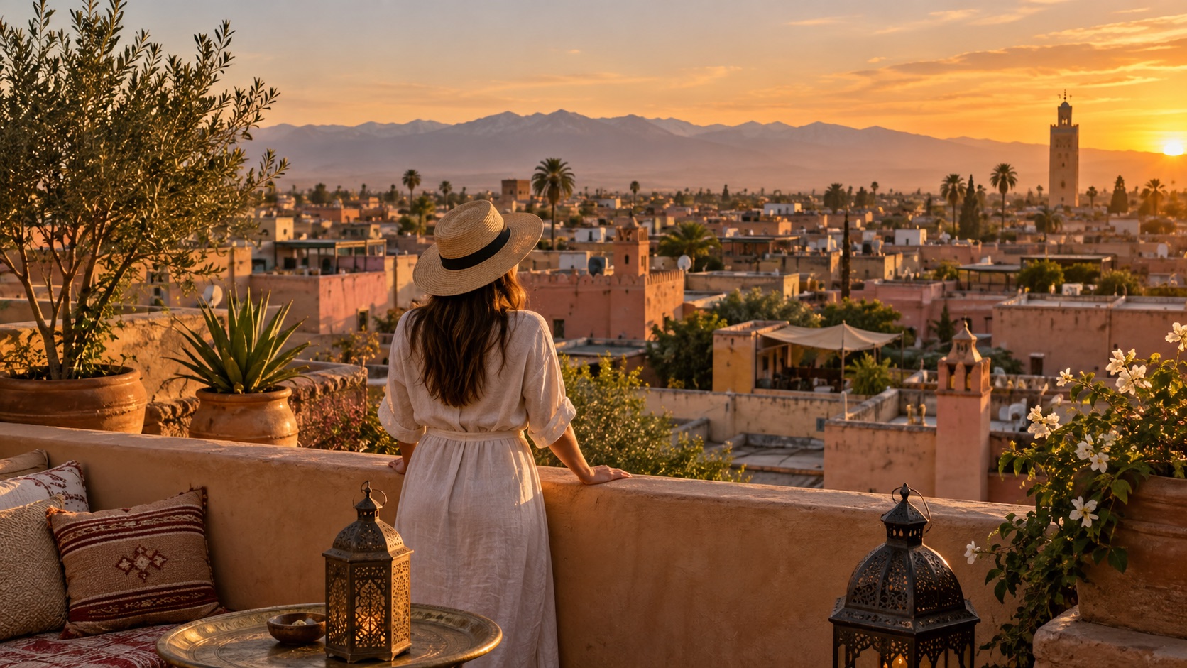 Illustrative Marrakesh-inspired rooftop view at sunset with a traveler facing the city